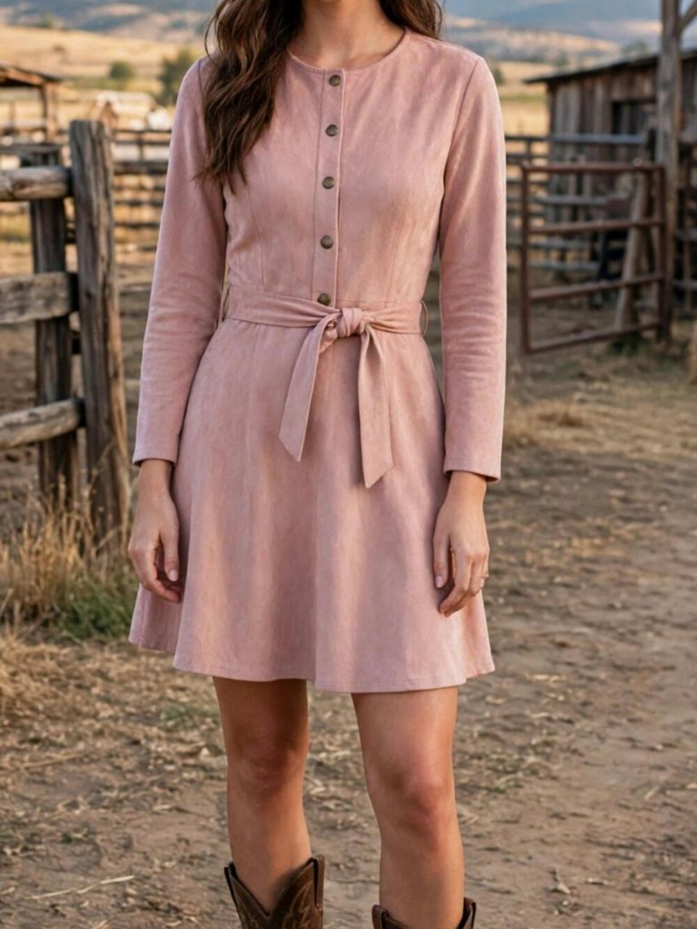 Main Strip Faux Suede Button Front Belted Shirt Dress Pink Blush Size L